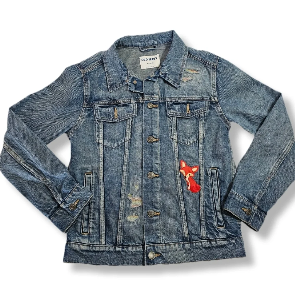 Old Navy Kids Denim Trucker Jacket Distressed Size XL Rainbow Fox Cartoon
